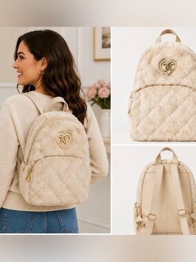 Juicy Couture Cream Faux Fur Quilted Mini Backpack Gold Heart Logo